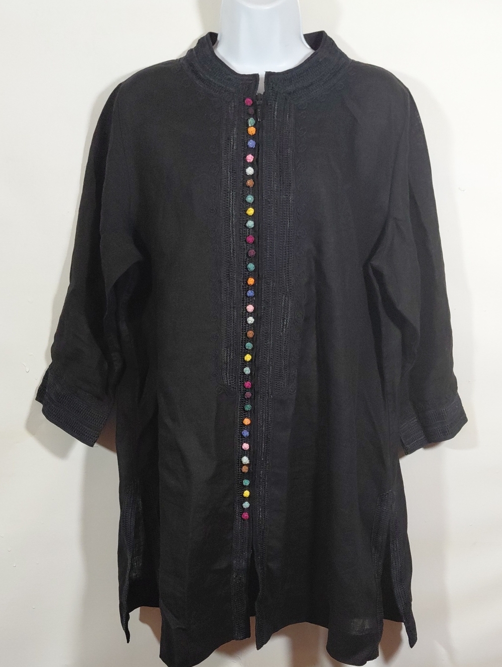 Soft Surroundings Black Linen Tunic Top Textured Zip Down Size LG